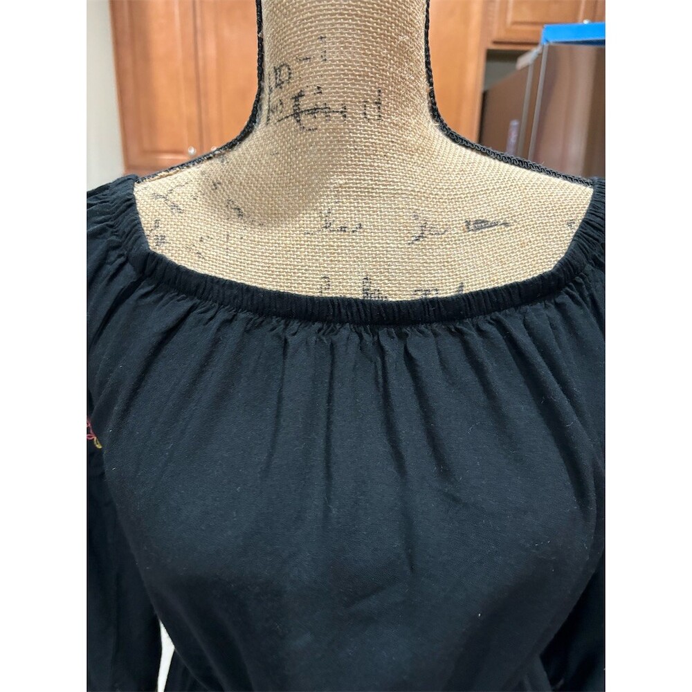 FEATHERS Dress Womens M Black Off Shoulder Peasant Boho Embroidered Short - Picture 2 of 12